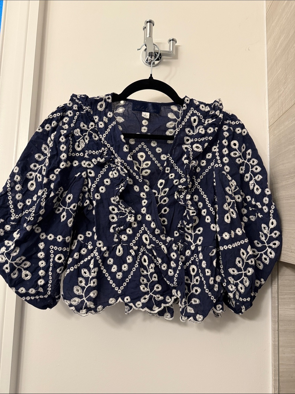 Blue Rain Navy White Embroidered Peasant Blouse